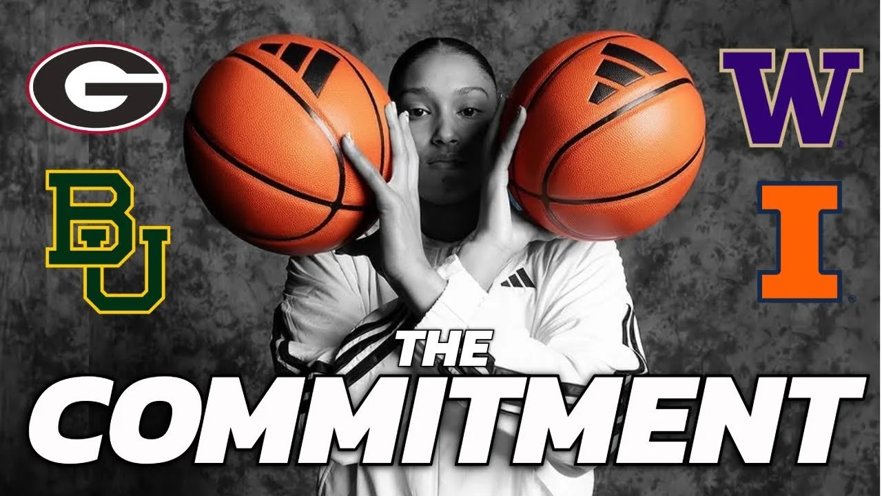Amayah Garcia holding a basketball on each side of her face, surrounded by the logos of the schools recruiting her, on the title card of her commitment announcement.